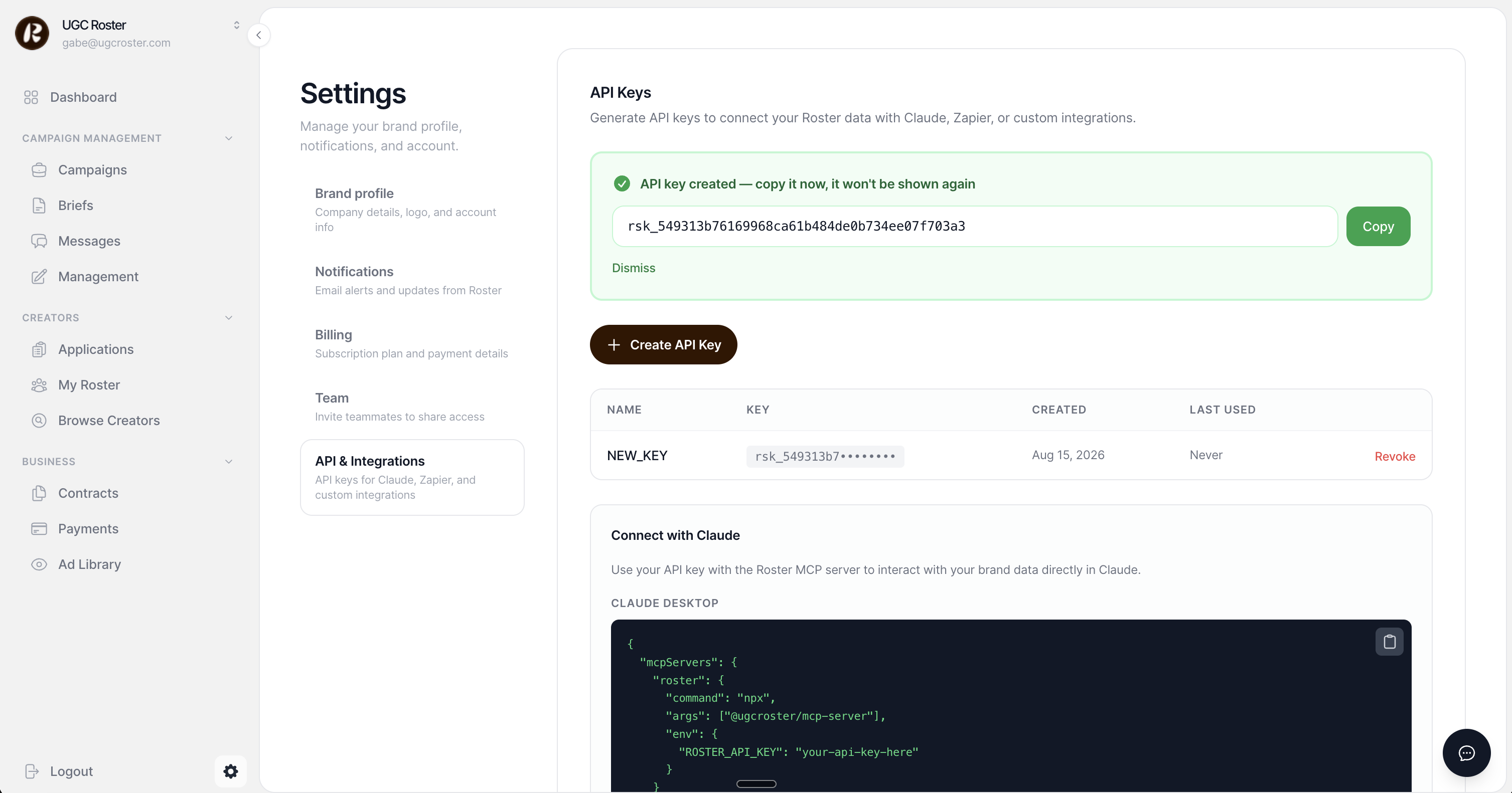 Generated API key