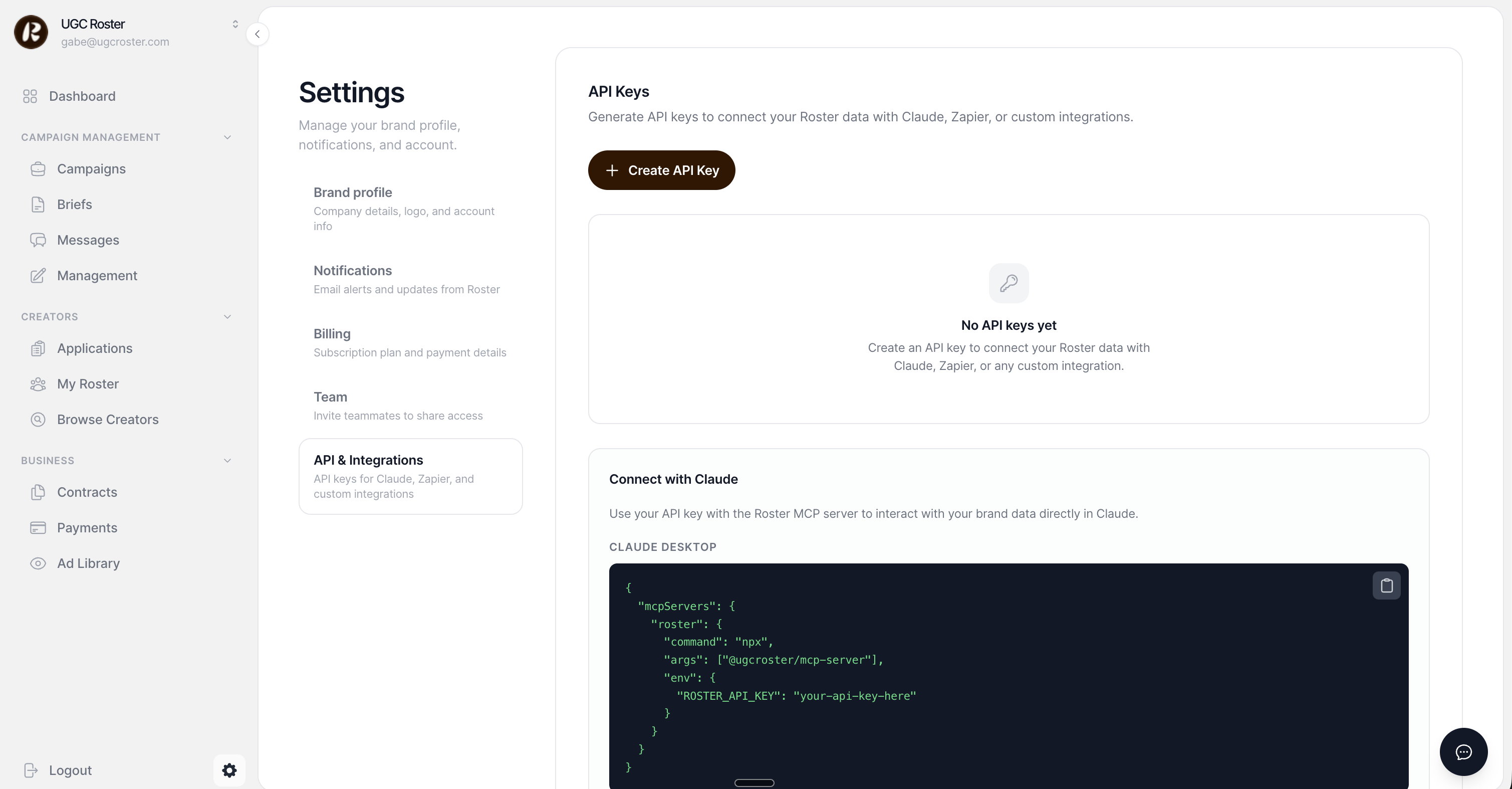 Settings tab with API section