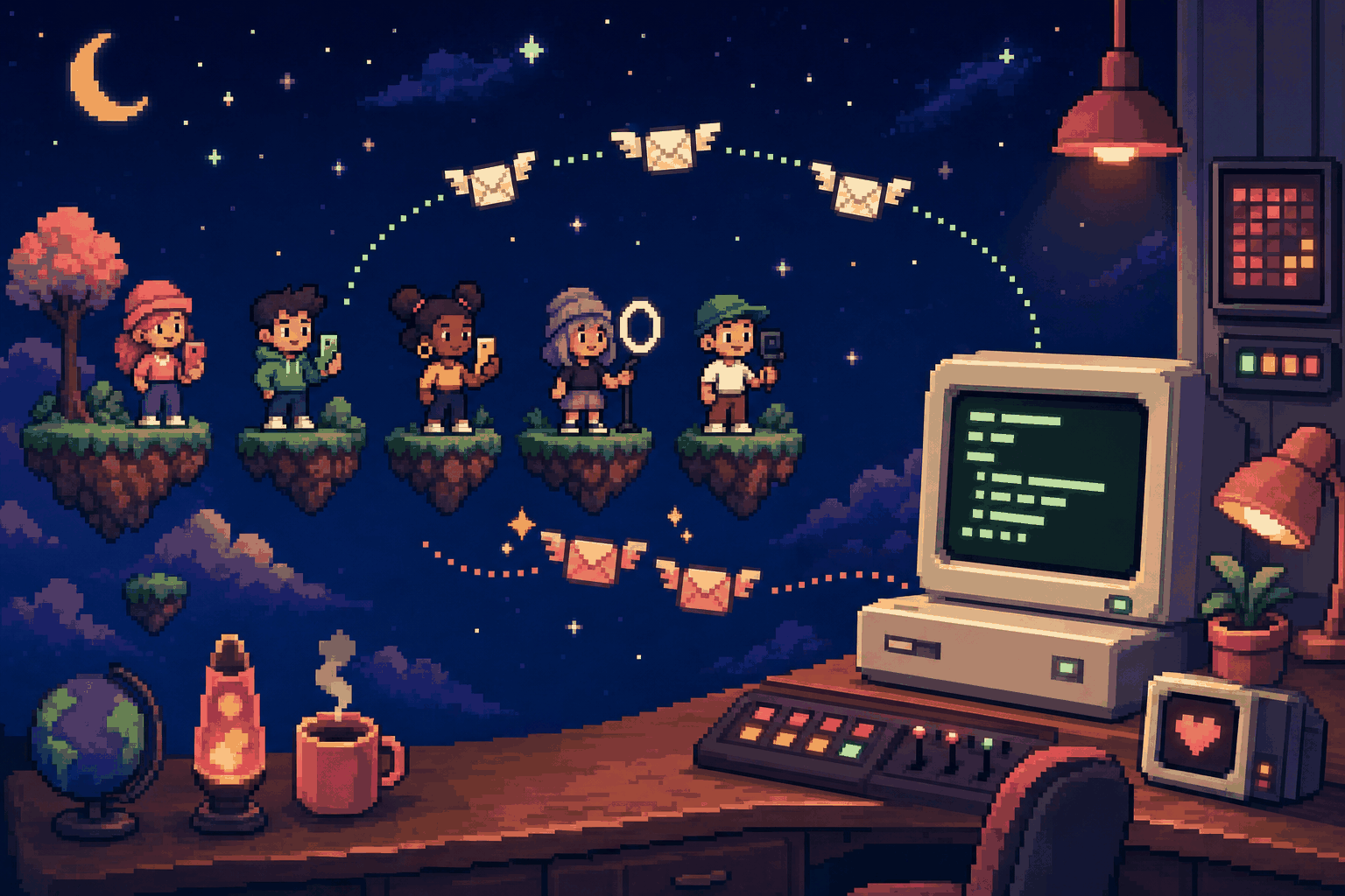Pixel art of a retro computer sending winged envelopes to creators standing on floating platforms