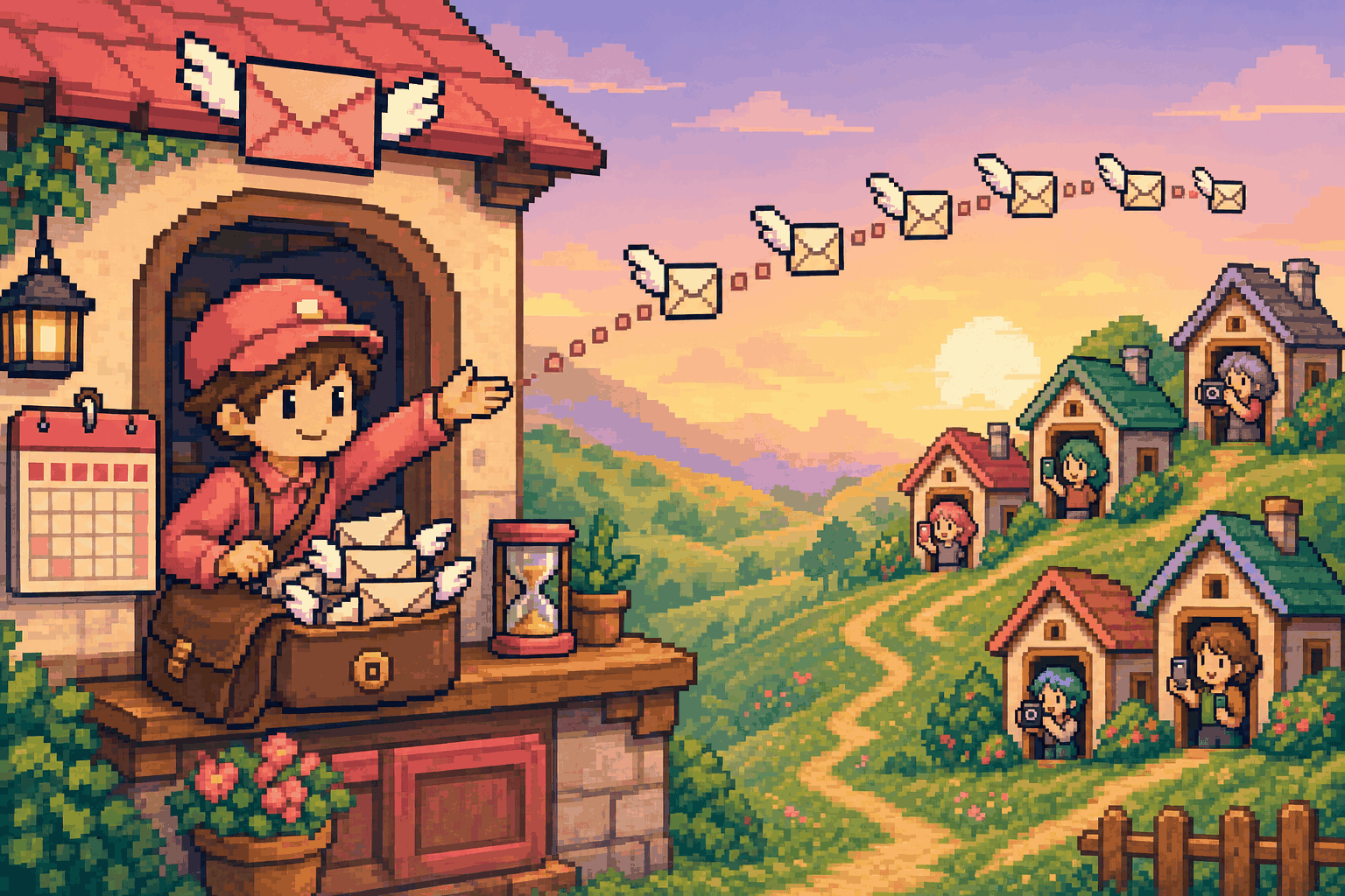 Pixel art of a mail carrier sending a paced line of winged envelopes to creators standing in the doorways of small houses
